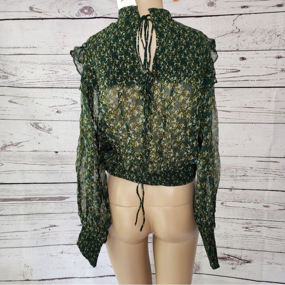 Free People Roma Blouse Forest Green Floral Smocked Top NWT Size XS - Picture 3 of 10